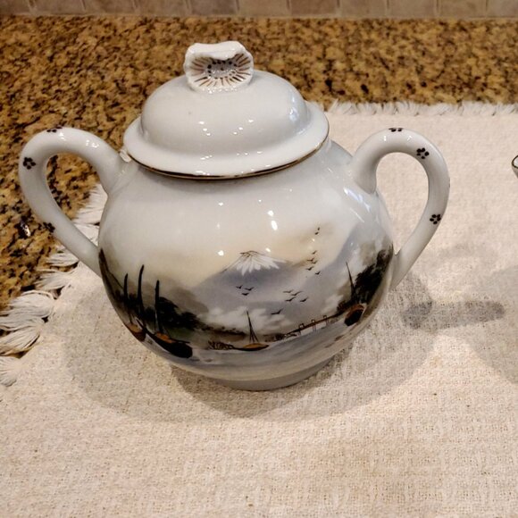 RARE Vintage Kutani Scene Mt Fuji River Boats Hand Painted Pitcher Set with Lids - Picture 2 of 8